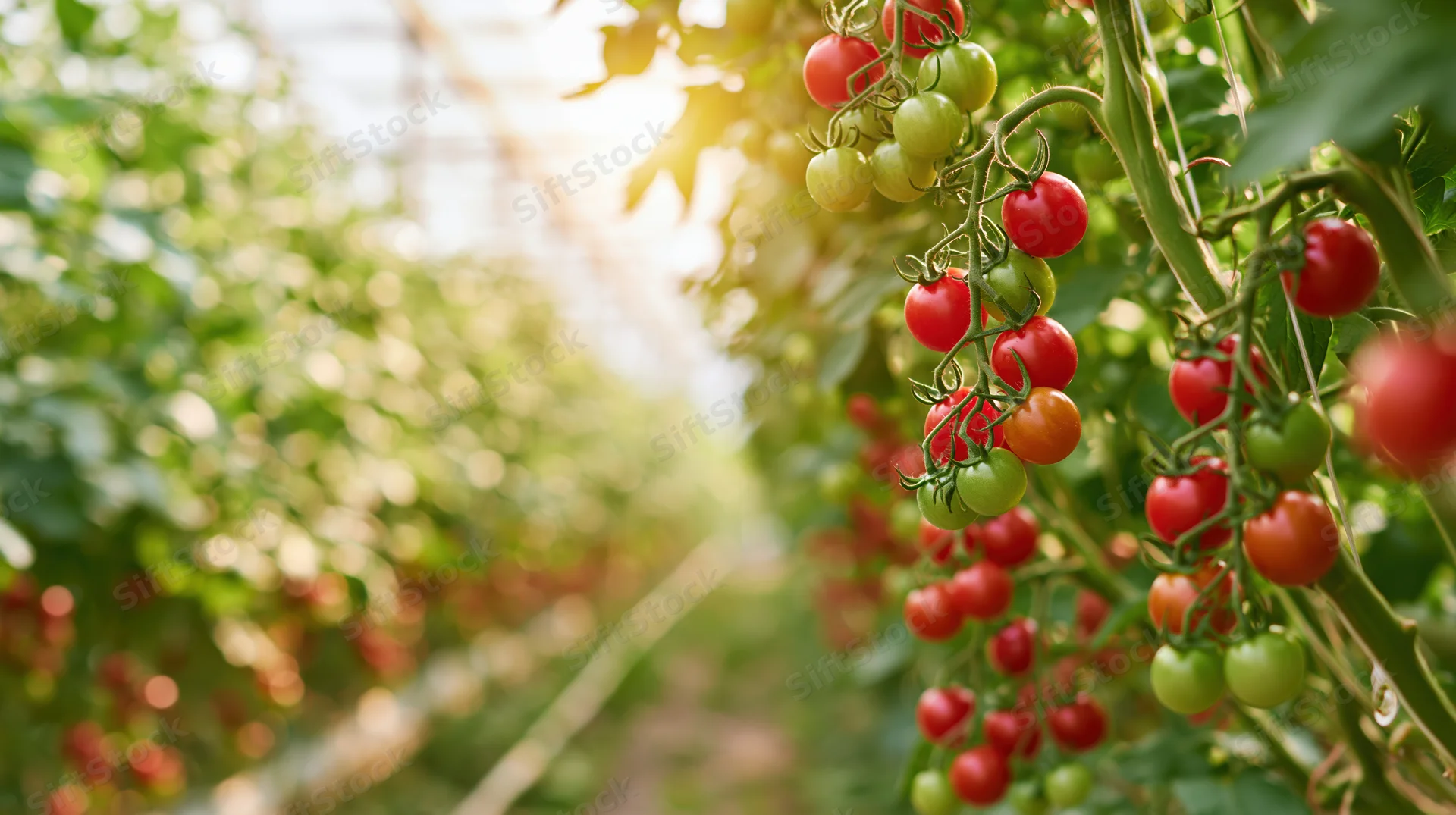 Cherry tomatoes growing on vines in a greenhouse with sunlight filtering through foliage