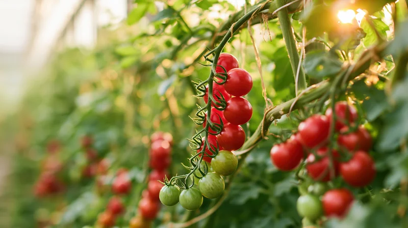 Cherry tomatoes growing on vines in a greenhouse with sunlight filtering through leaves