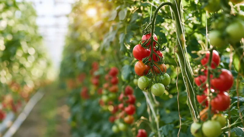 Cherry tomatoes ripening on vines inside a greenhouse with string support and sunlight filtering through the structure