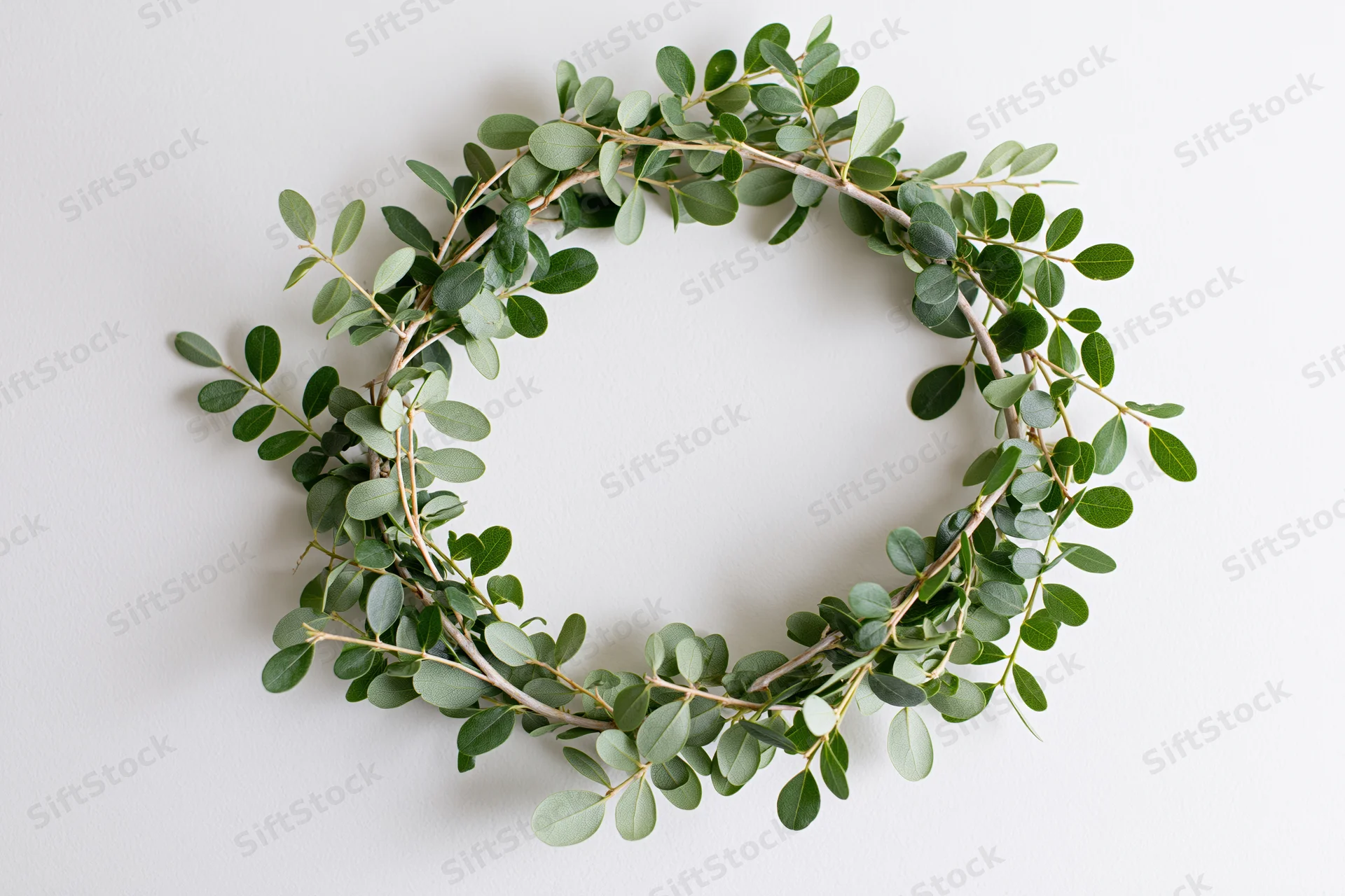 Circular green leaf wreath on white background