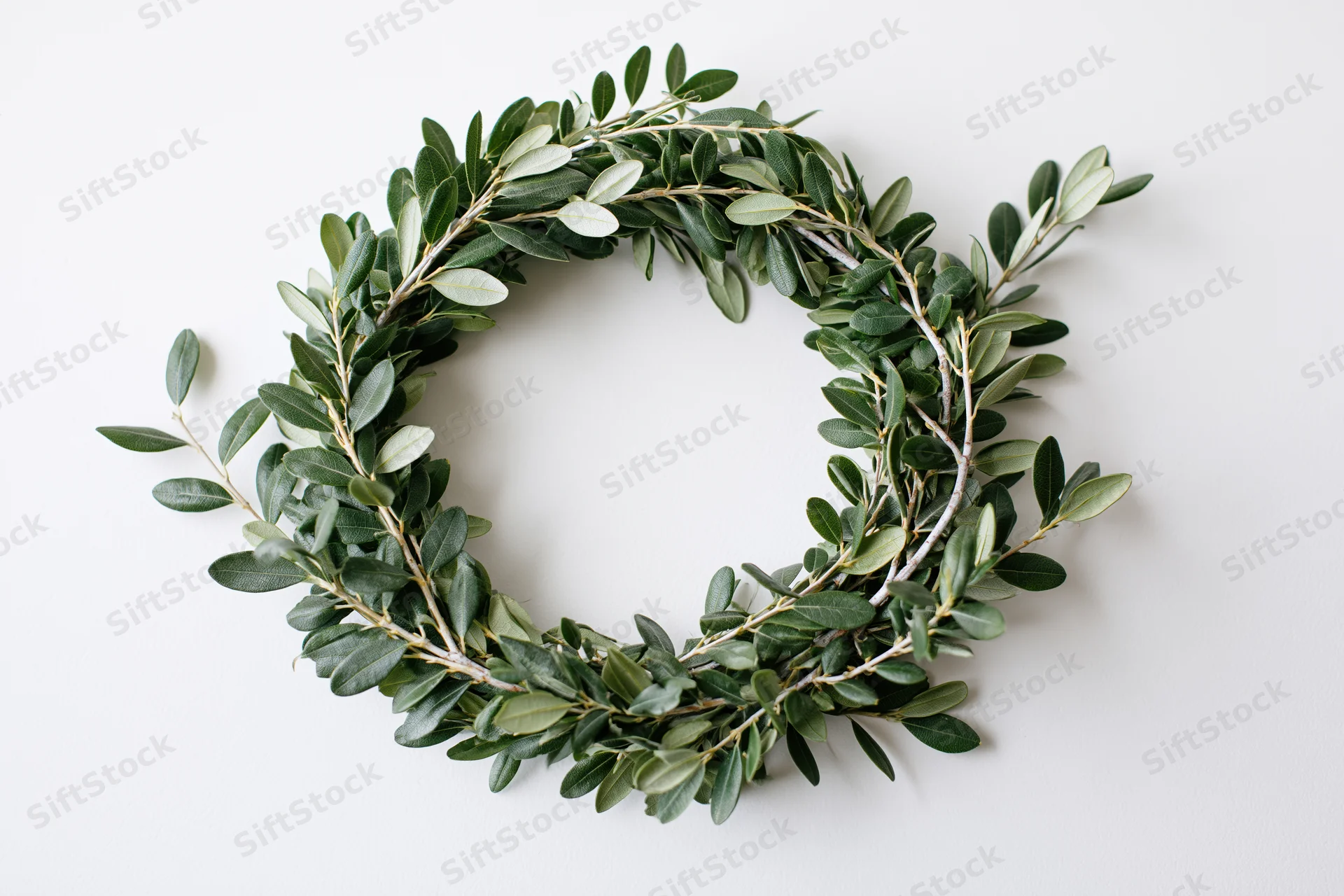 Circular wreath made of small green leaves and thin woody branches on white background