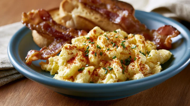 Scrambled eggs with bacon and toast on a blue plate on a wooden table