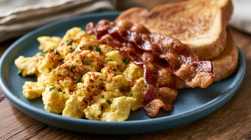 Scrambled eggs with bacon and toast on a blue plate on a wooden table