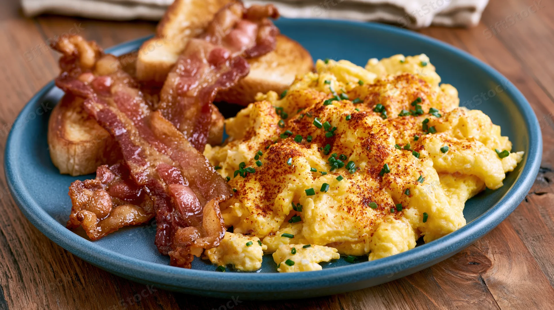 Scrambled eggs with bacon and toast on a blue plate on a wooden table