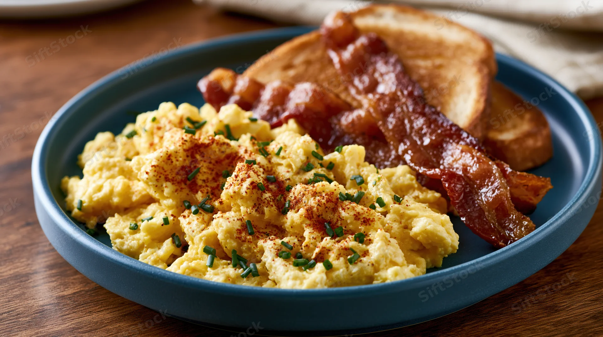 Scrambled eggs with bacon and toast on a blue plate on a wooden table
