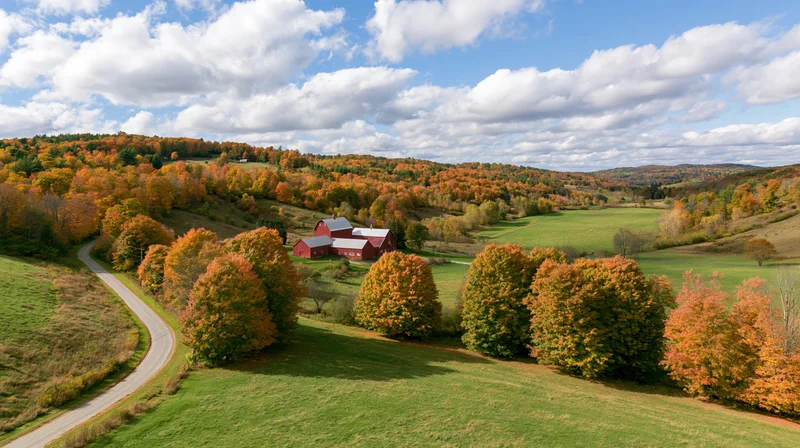 Rolling hills covered in autumn foliage with red barns and winding road in rural countryside