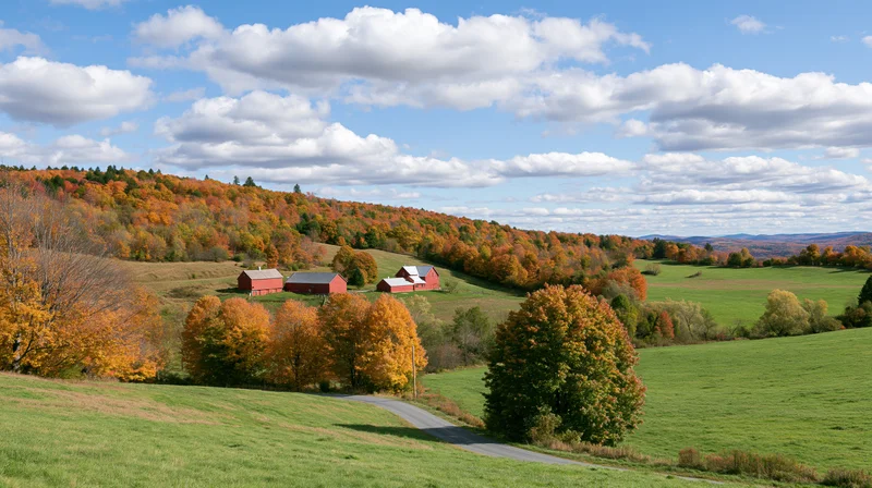Classic New England farm with red barns nestled in rolling hills