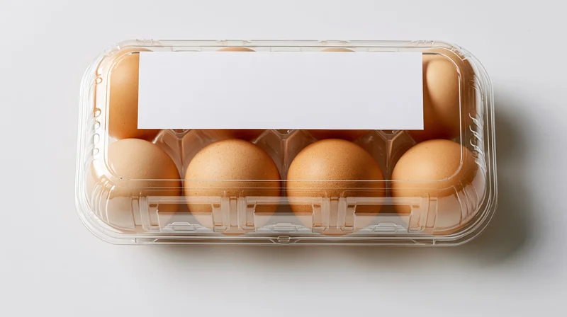 Six brown eggs in a clear plastic tray with blank label on white background