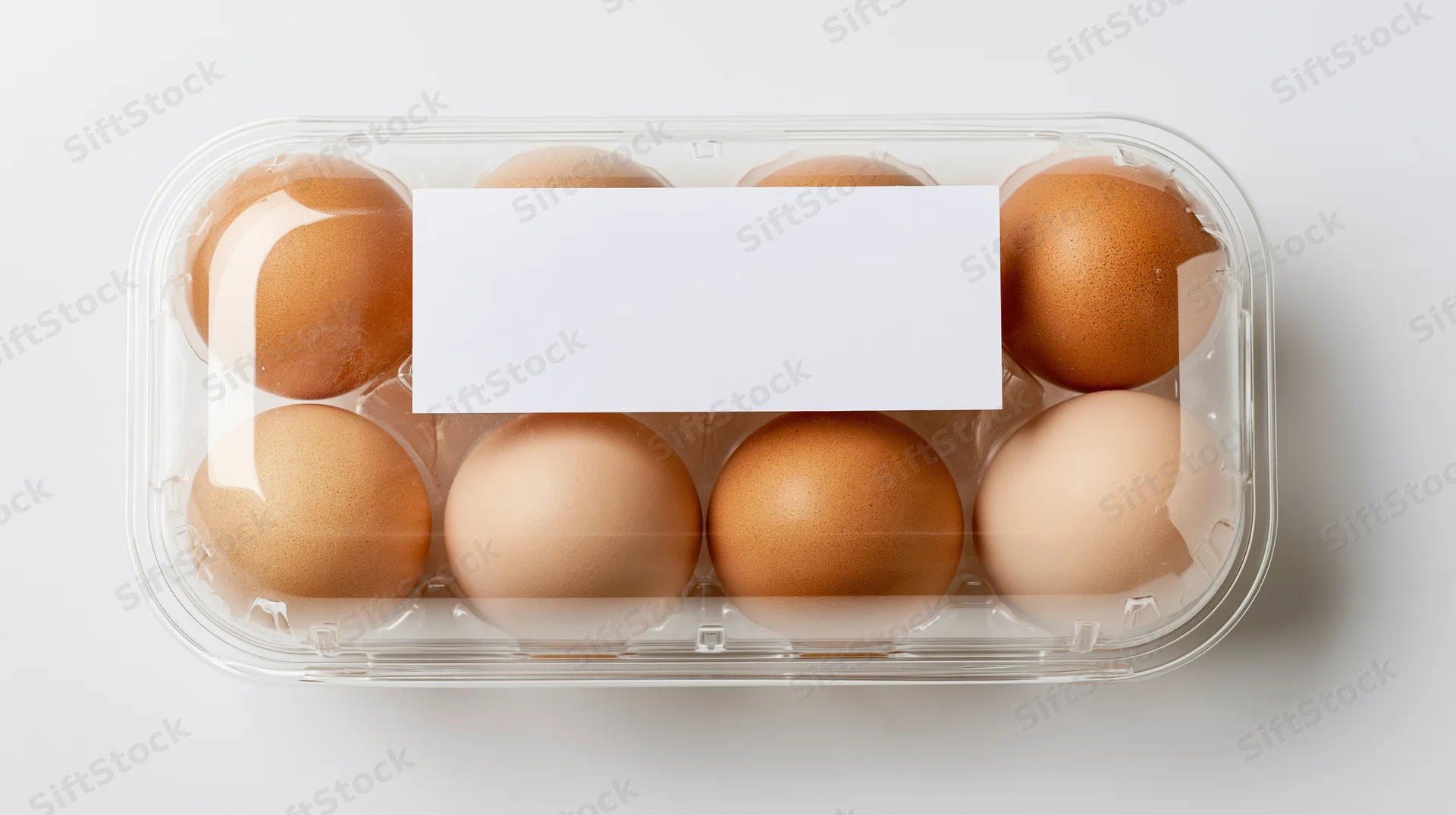 Six brown eggs in a clear plastic tray with a blank white label on top