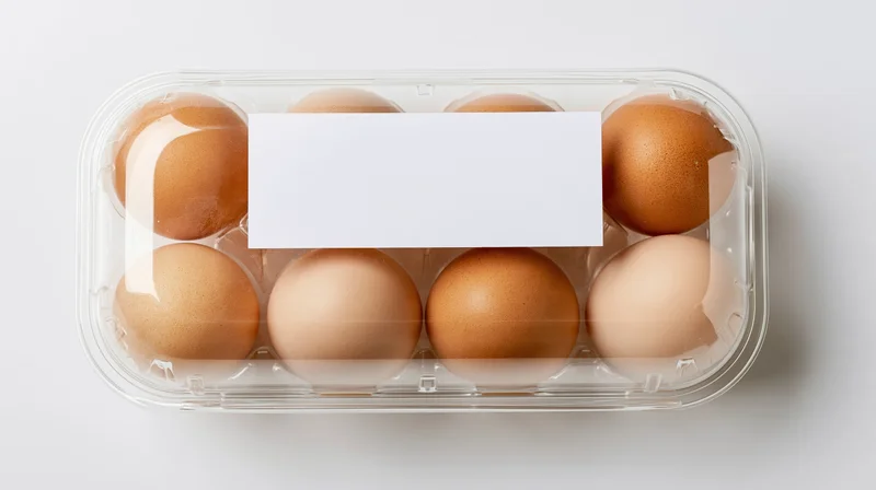 Six brown eggs in a clear plastic tray with a blank white label on top