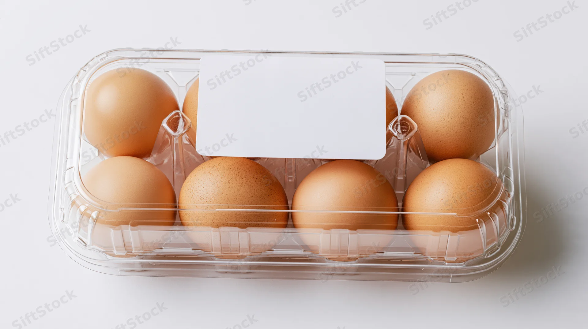 Six brown eggs in a clear plastic tray with a blank white label on a white background