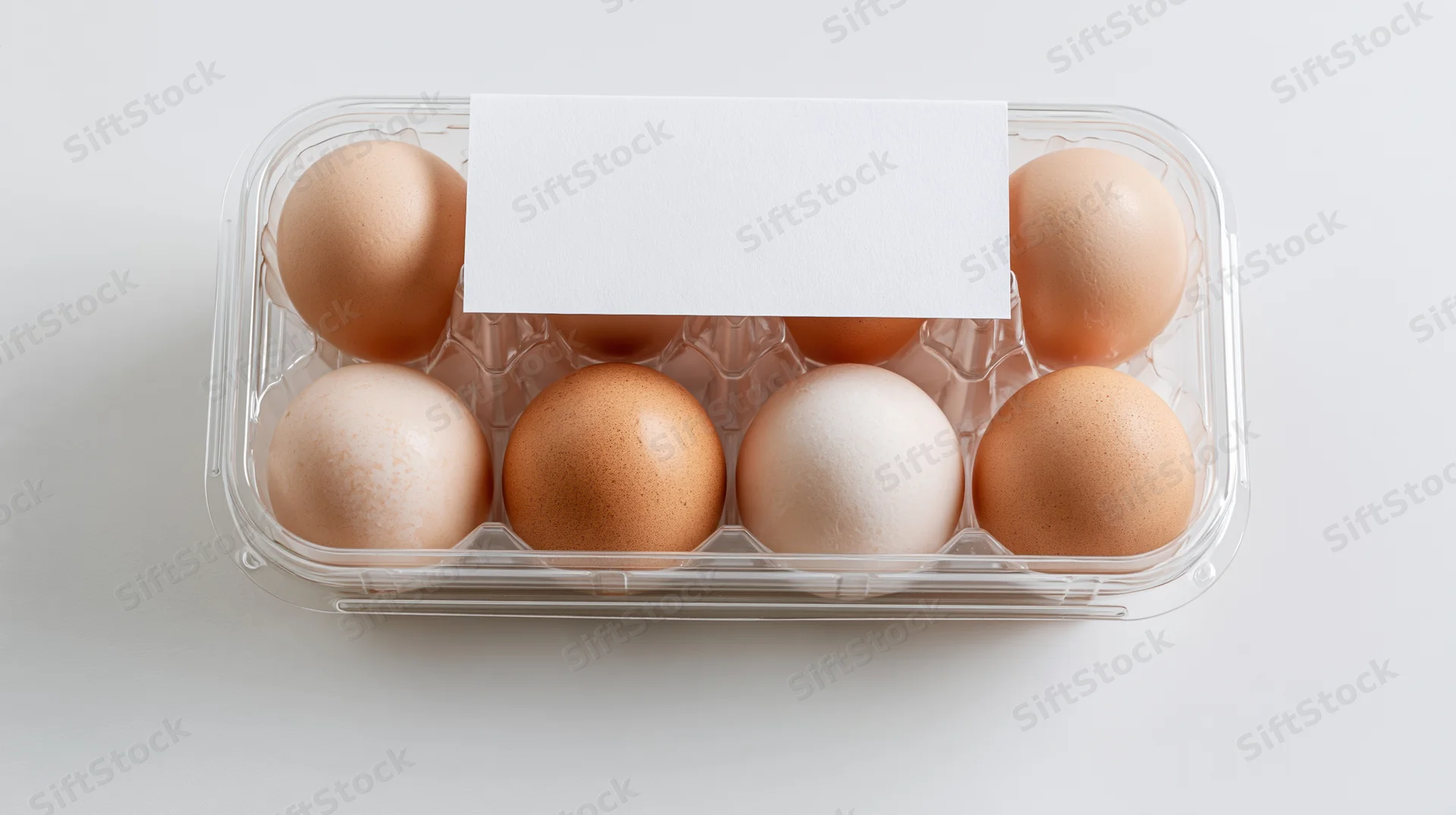 Six brown eggs in a clear plastic tray with a blank label on white background