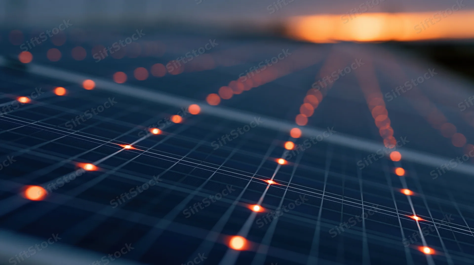 Close-up angled view of solar panel surface with glowing grid lines at dusk