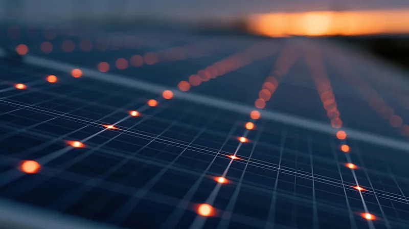 Close-up angled view of solar panel surface with glowing grid lines at dusk