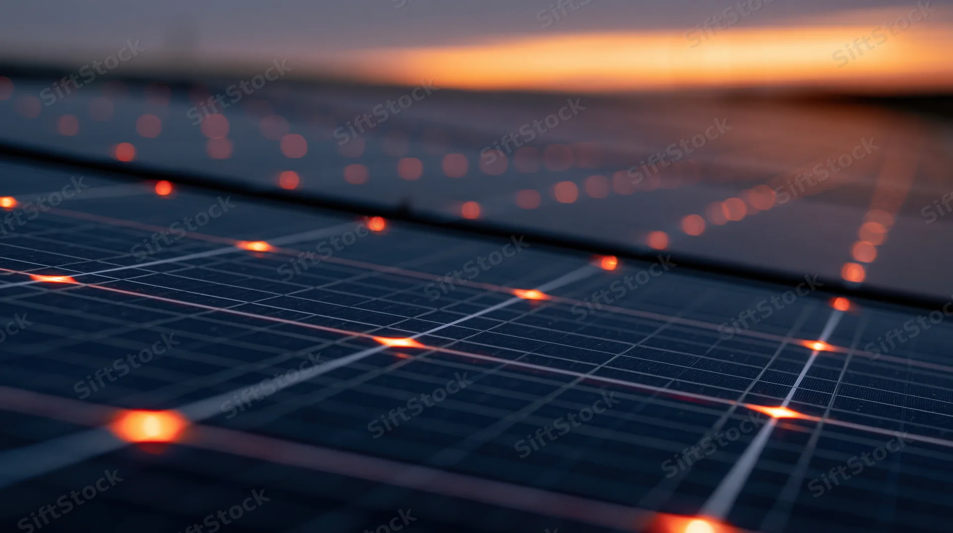 Close-up angled view of solar panel surface with glowing grid lines at dusk