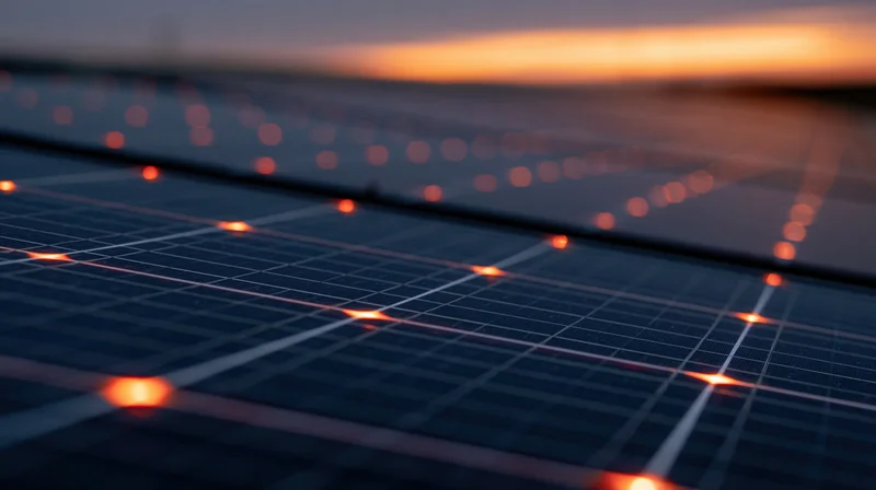 Close-up angled view of solar panel surface with glowing grid lines at dusk