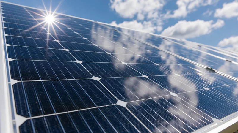 Close-up angled view of solar panel cells under bright sun with clouds reflected on surface