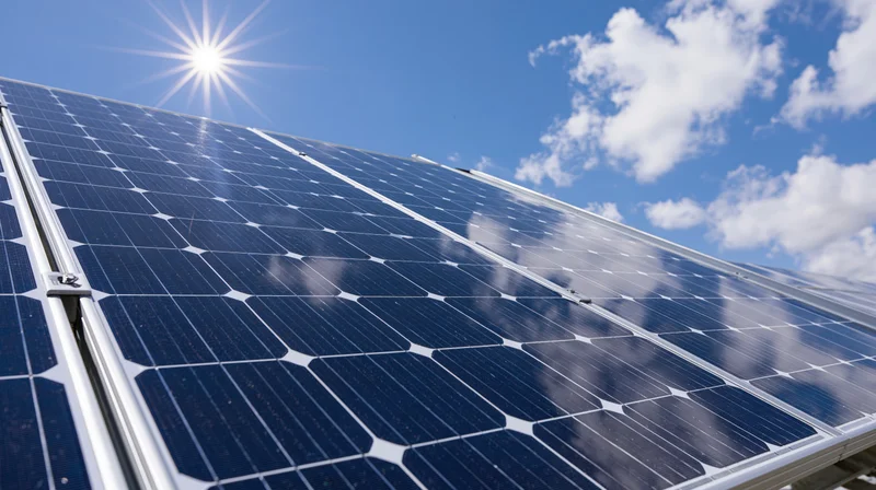 Close-up angled view of solar panel cells under bright sun against blue sky with clouds