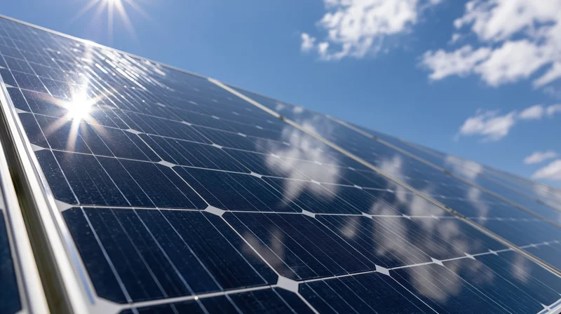 Close-up angled view of solar panel cells under bright sunlight with blue sky and clouds reflected on surface