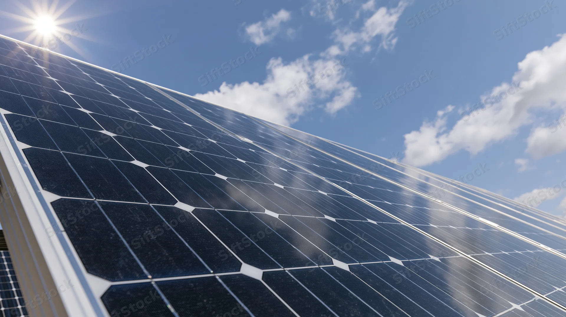 Angled closeup of solar panel cells under bright sun against blue sky with scattered clouds