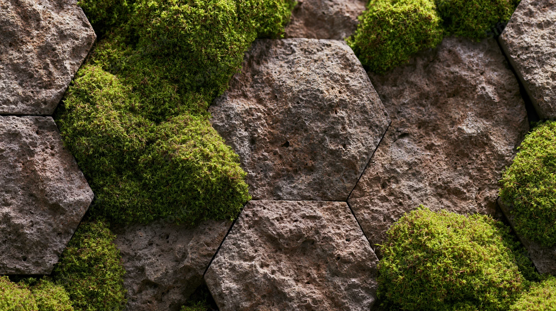 Hexagonal stone panels with moss growth forming a modular wall surface
