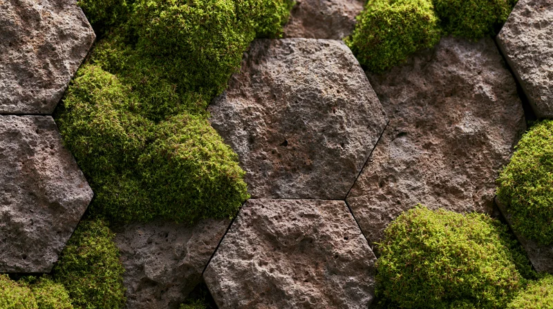 Hexagonal stone panels with moss growth forming a modular wall surface