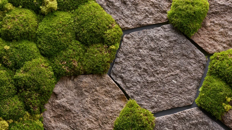Close-up of hexagonal stone and moss modular wall panel in a garden setting