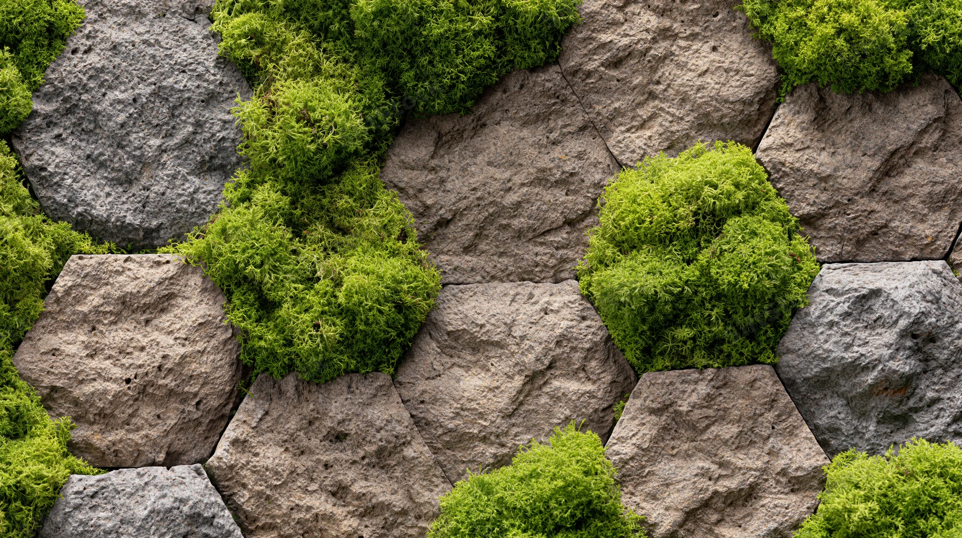 Modular wall panel with hexagonal stone and moss in a flat lay arrangement