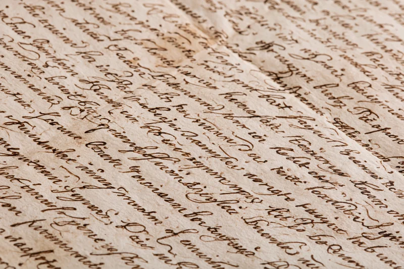 Close-up of aged handwritten manuscript paper with cursive script and visible folds