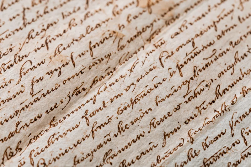 Close-up of aged handwritten manuscript paper with cursive script and visible folds