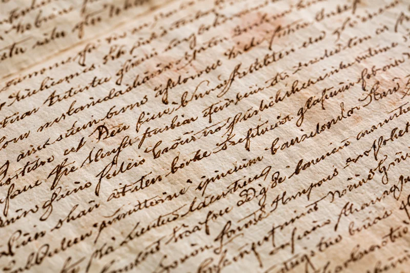 Close-up of aged handwritten manuscript paper with cursive script in German