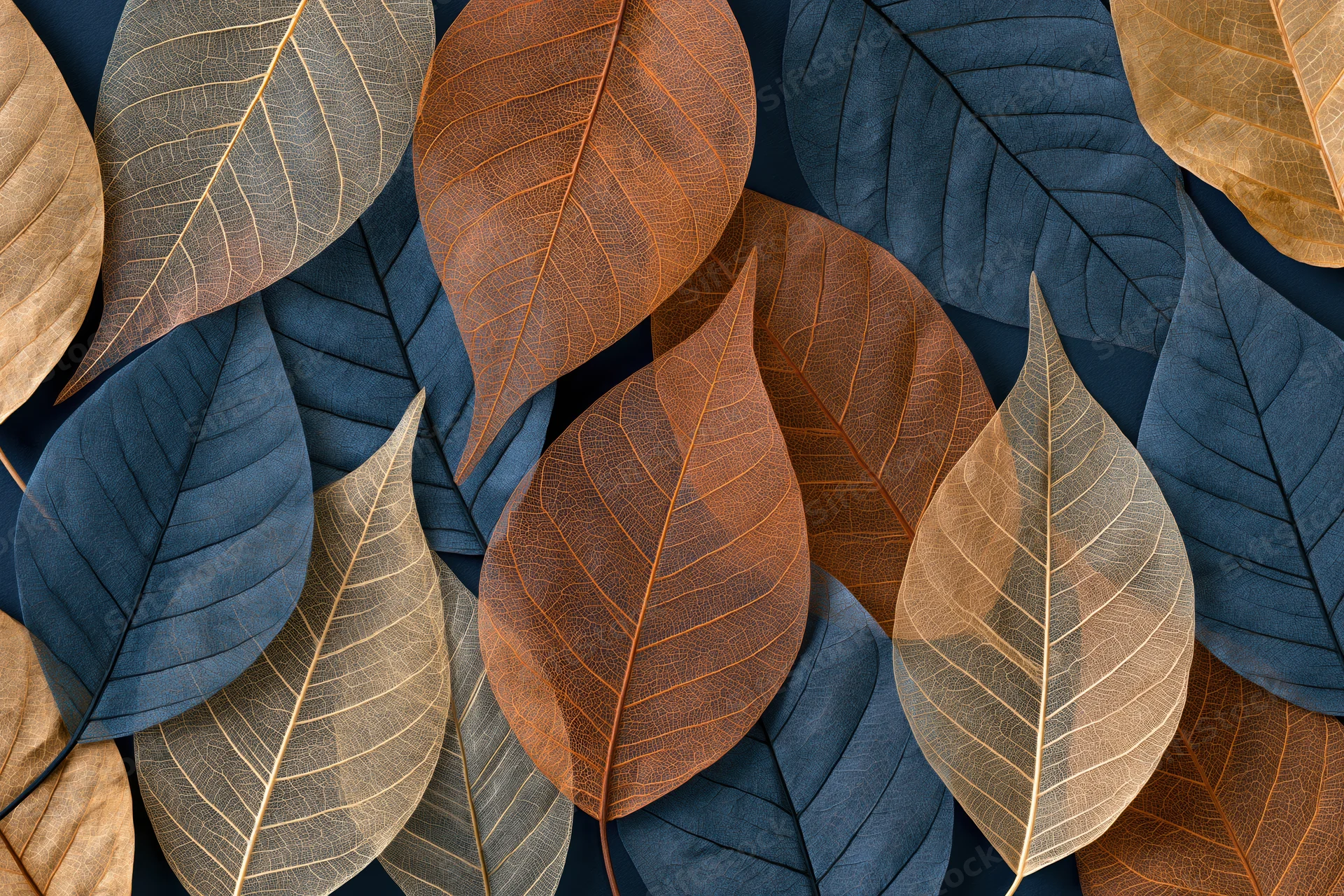 Translucent autumn leaves overlapping in a flat lay arrangement on a dark background