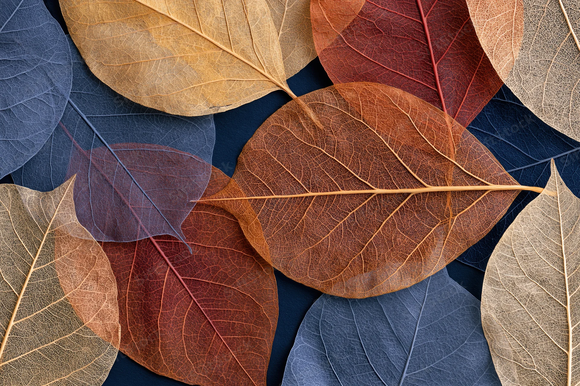 Translucent autumn leaves overlapping in a flat lay arrangement on dark surface