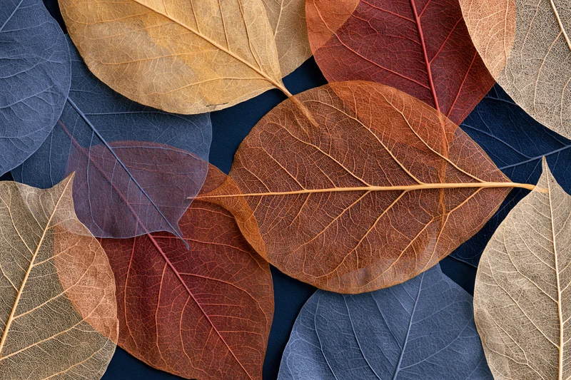 Translucent autumn leaves overlapping in a flat lay arrangement on dark surface