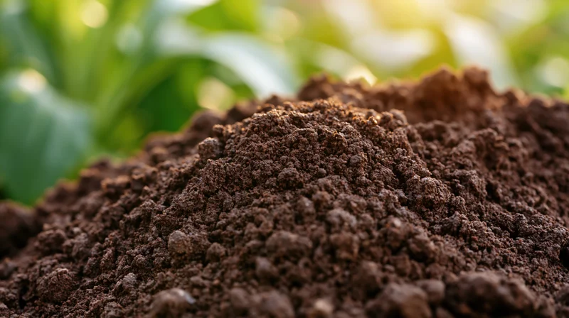 Close-up of dark rich garden soil mounded in a pile with green foliage in the background