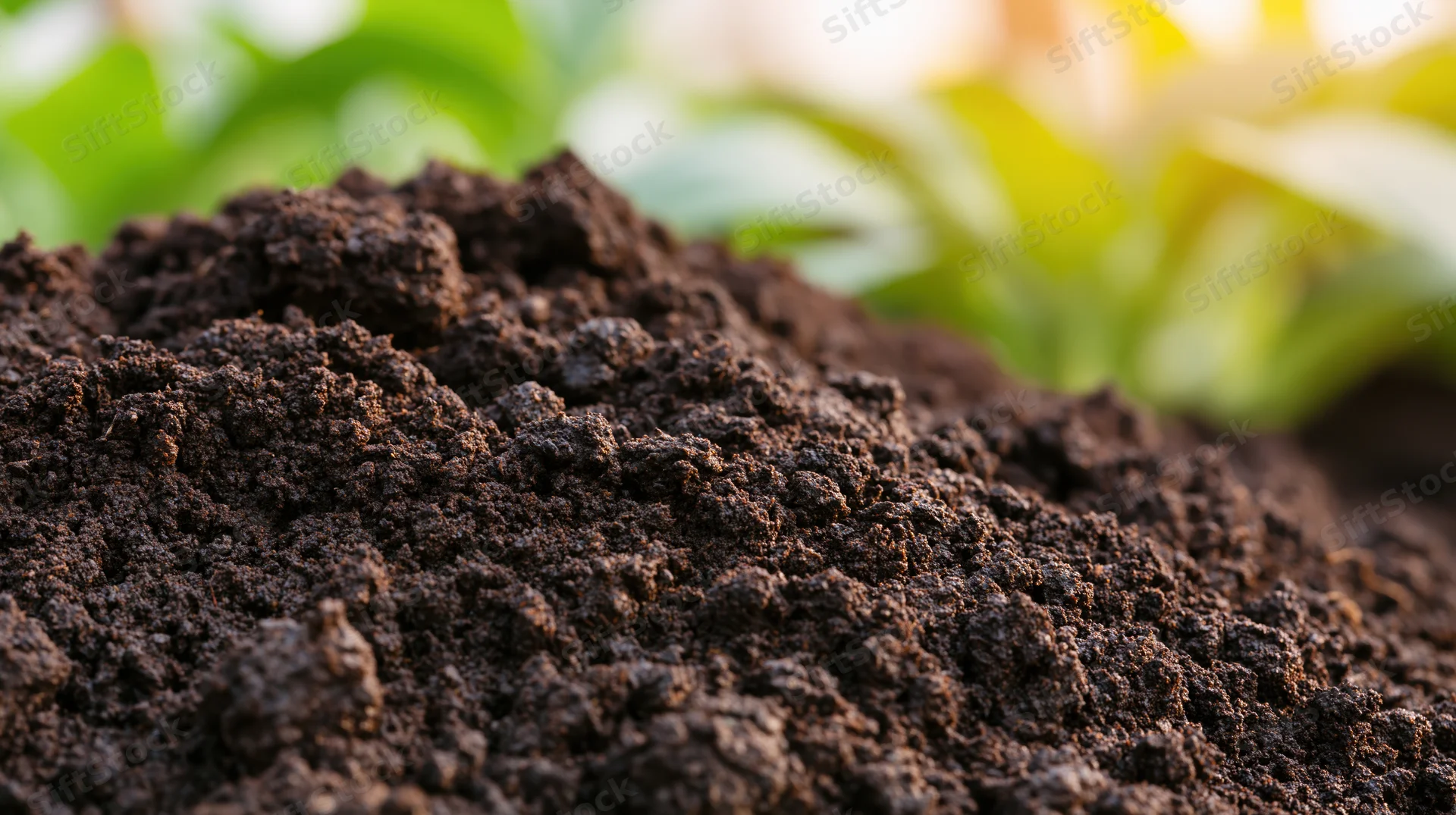 Close-up of dark rich garden soil mound with green foliage in background