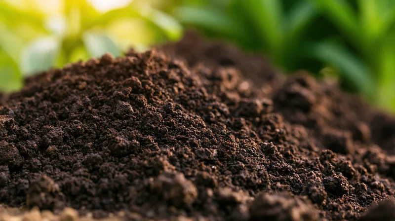 Mound of dark rich garden soil with green foliage in background