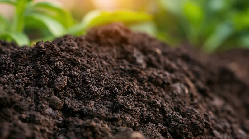 Close-up of dark rich garden soil mound with green foliage in background