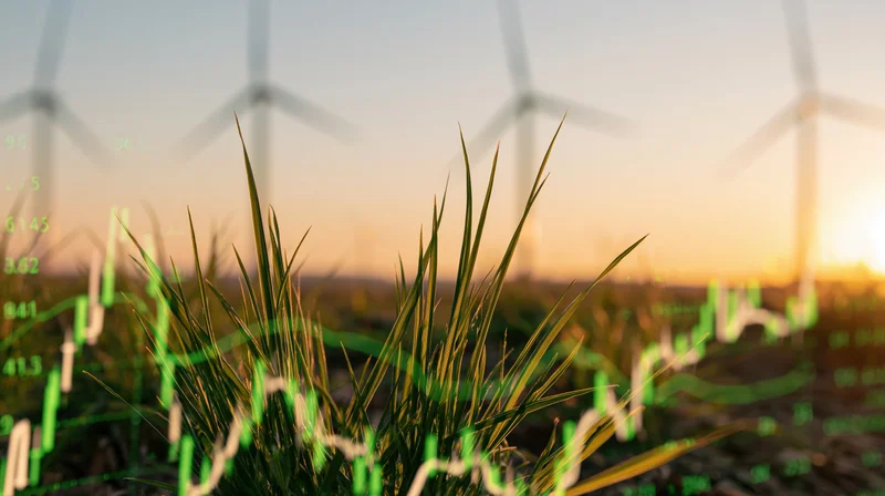 Green grass blades in a field with wind turbines at sunset, overlaid with digital financial data graphs
