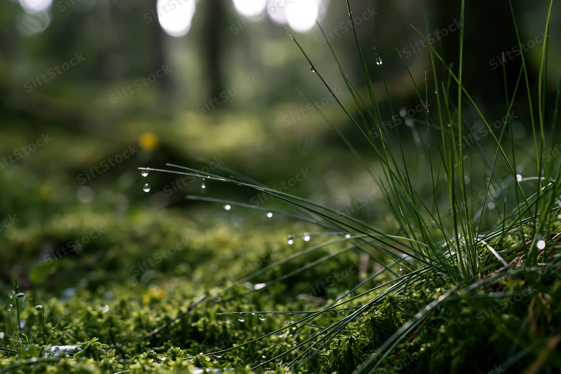 Close-up of green moss and thin grass with dewdrops on forest floor