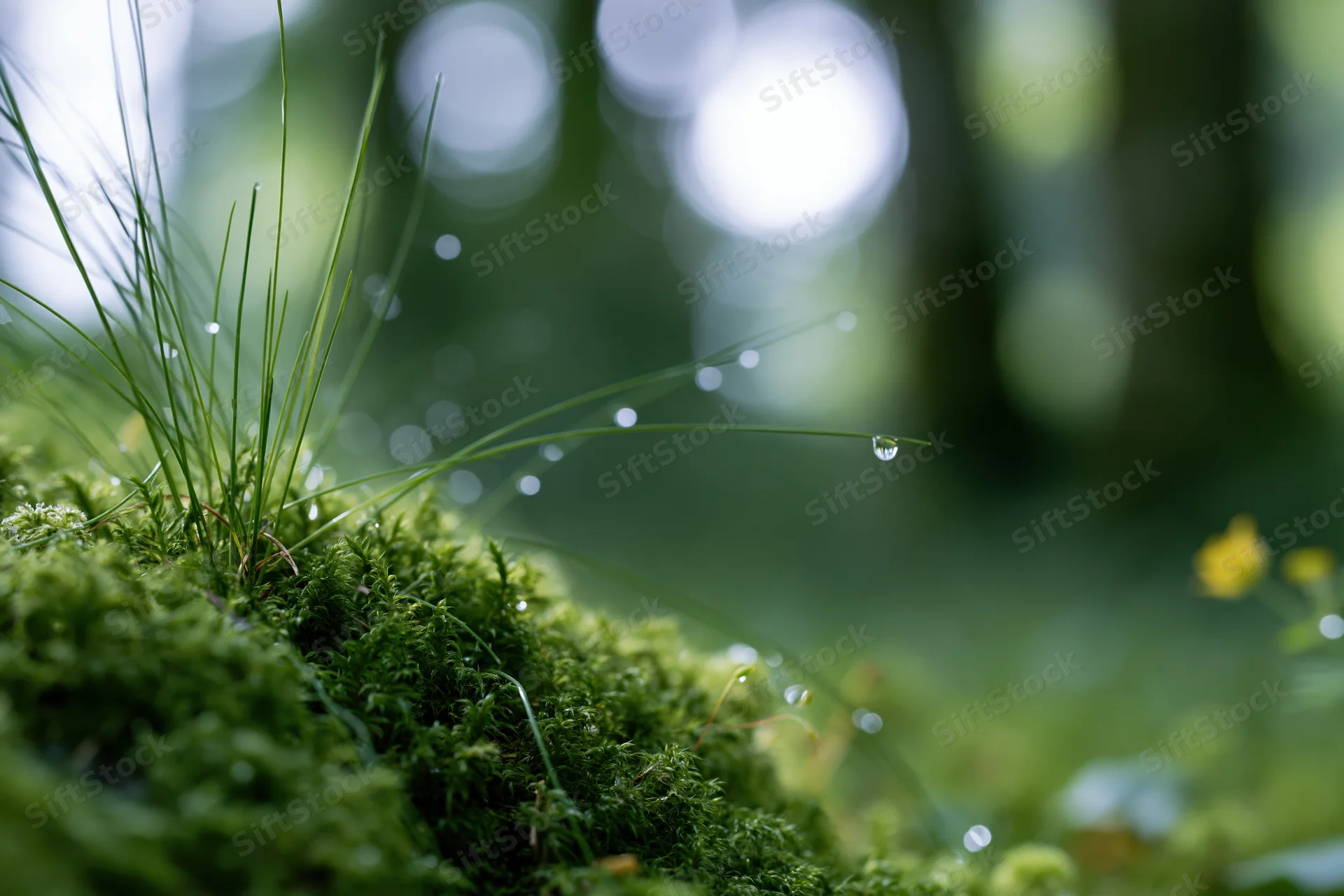 Close-up of green moss and thin grass with dewdrops in a forest setting