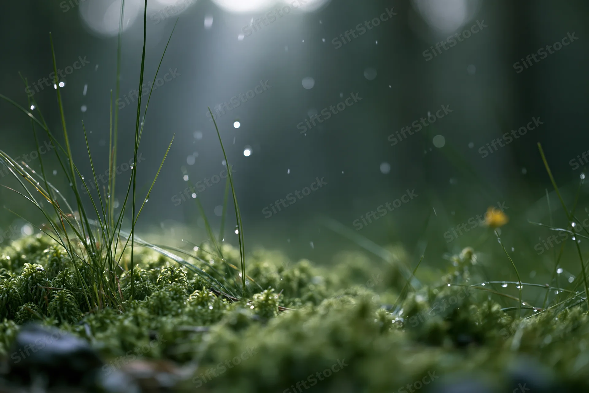 Close-up of green moss and thin grass on forest floor with sunlight and water droplets
