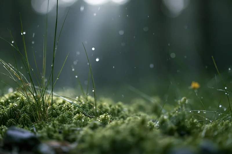 Close-up of green moss and thin grass on forest floor with sunlight and water droplets