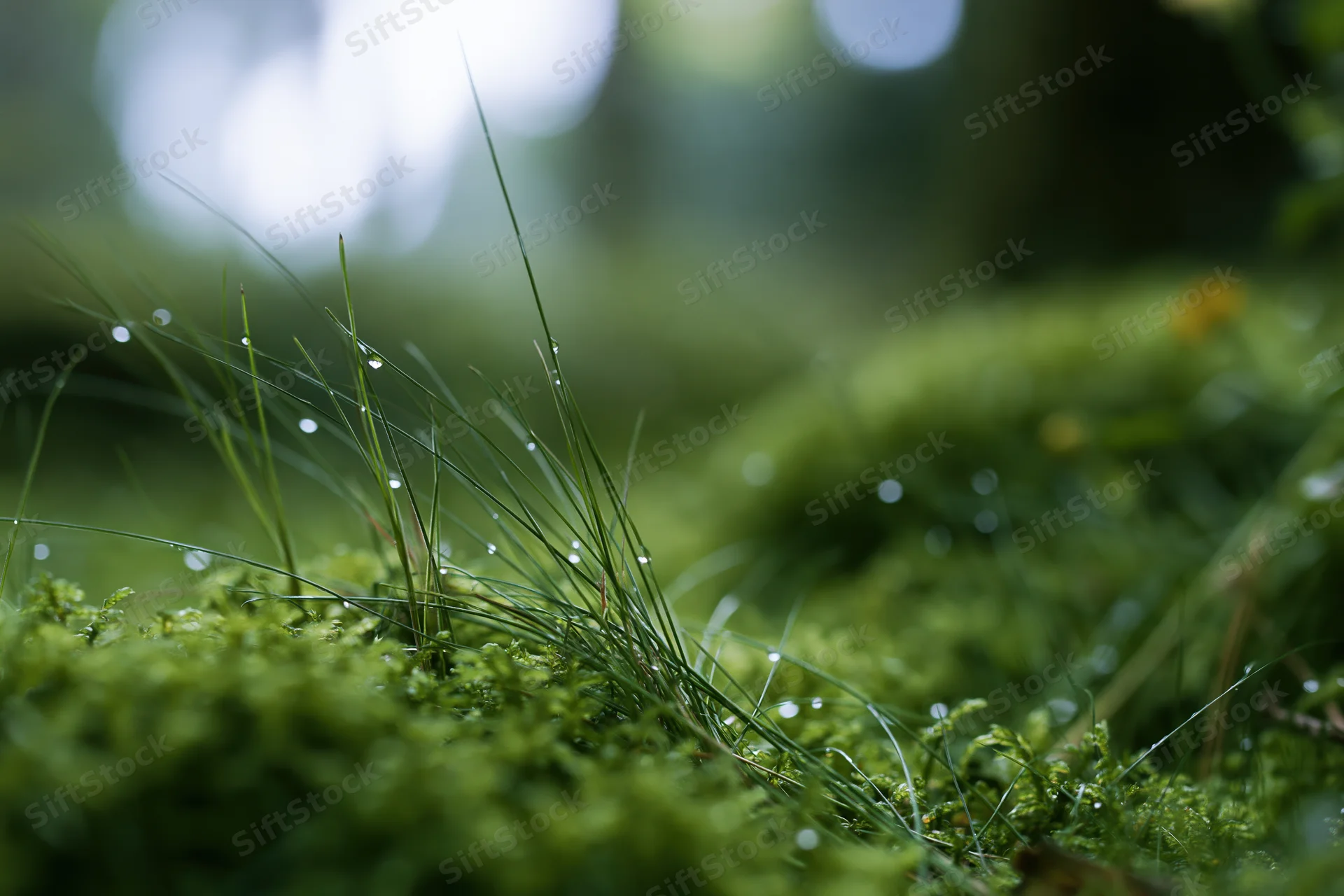 Close-up of green moss and thin grass with dewdrops on forest floor
