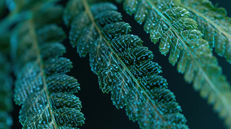 Fern fronds with circuit patterns overlaid, close-up macro view