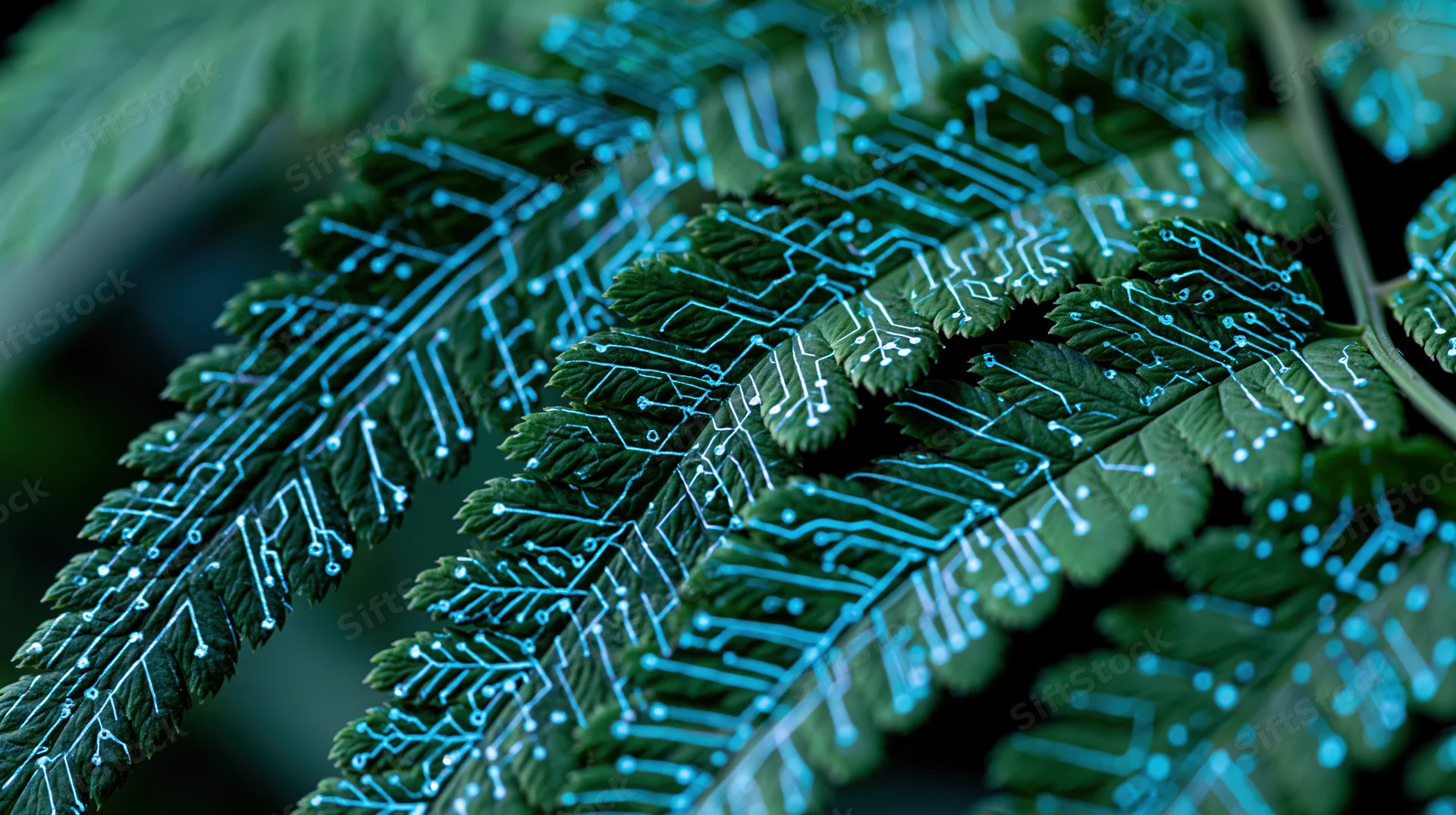 Fern fronds with glowing blue circuit patterns overlaid, close-up view