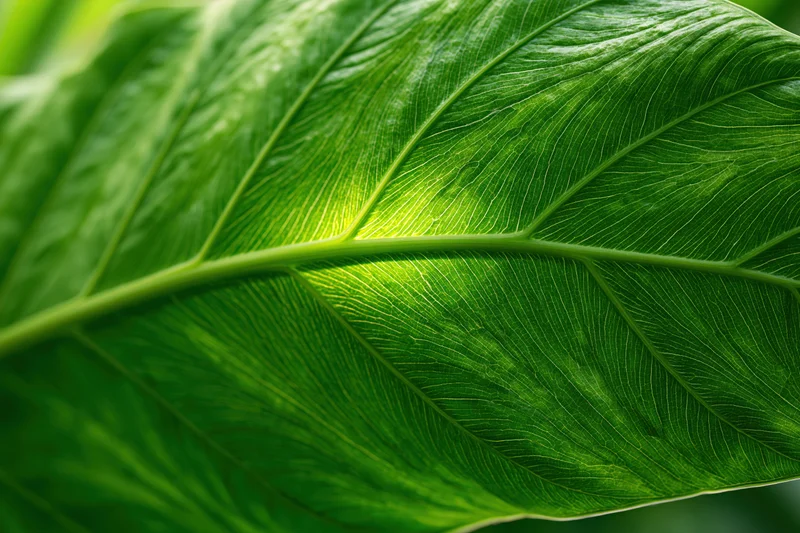 Close-up of a large tropical leaf surface showing detailed veins and texture in natural light