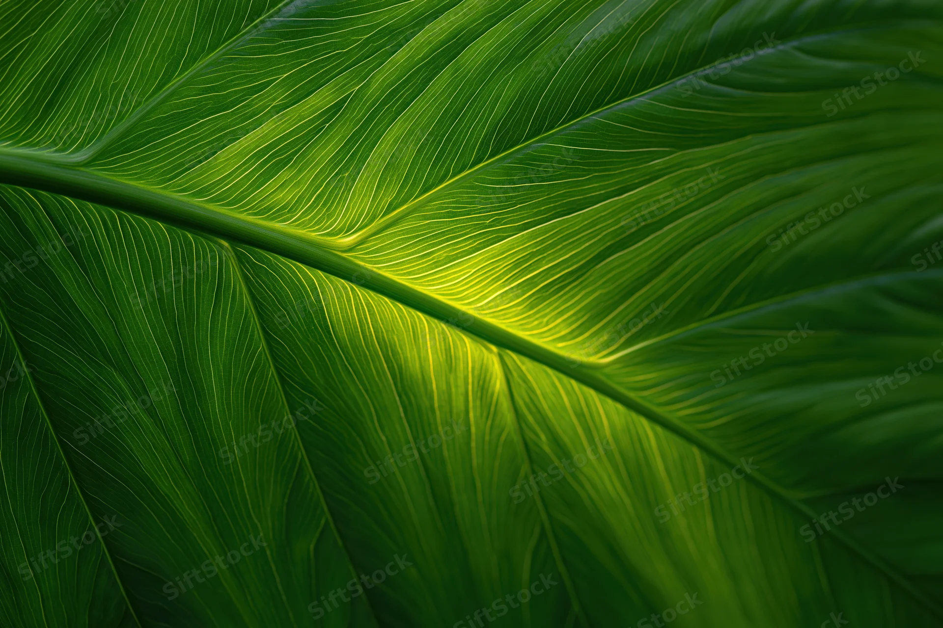 Closeup of a large tropical leaf surface showing detailed veins and vibrant green texture