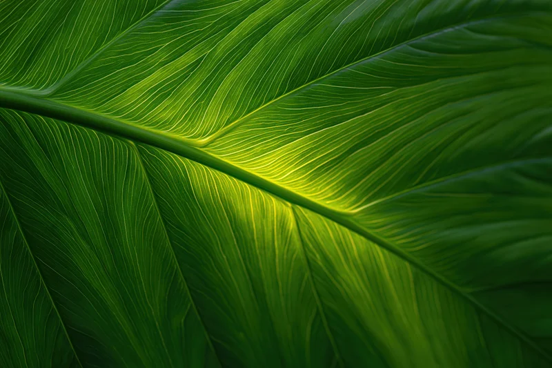 Closeup of a large tropical leaf surface showing detailed veins and vibrant green texture