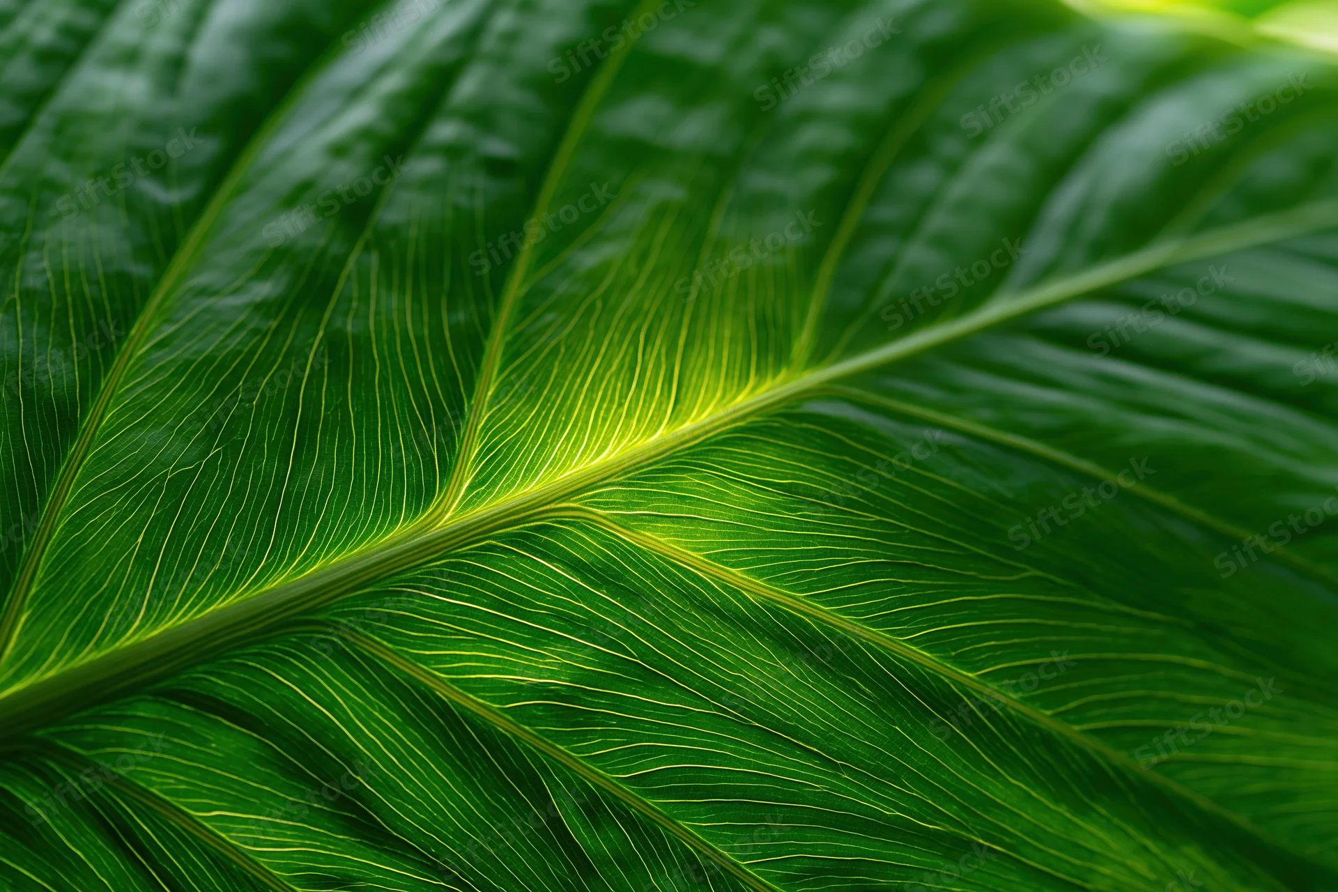 Closeup of a large tropical leaf surface showing detailed veins and texture